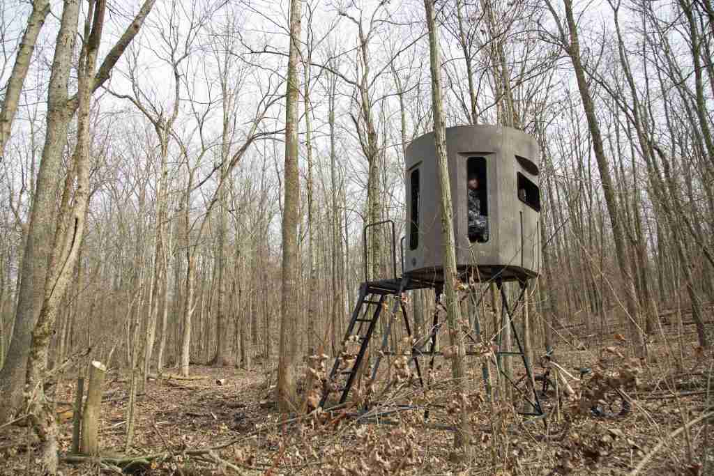 Hunting blind tower set up in the forest.