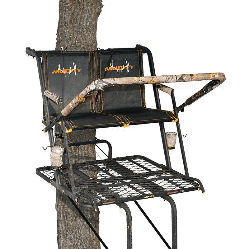 Muddy Nexus XTL 20’ 2-Man Ladder Tree Stand mounted on a tree
