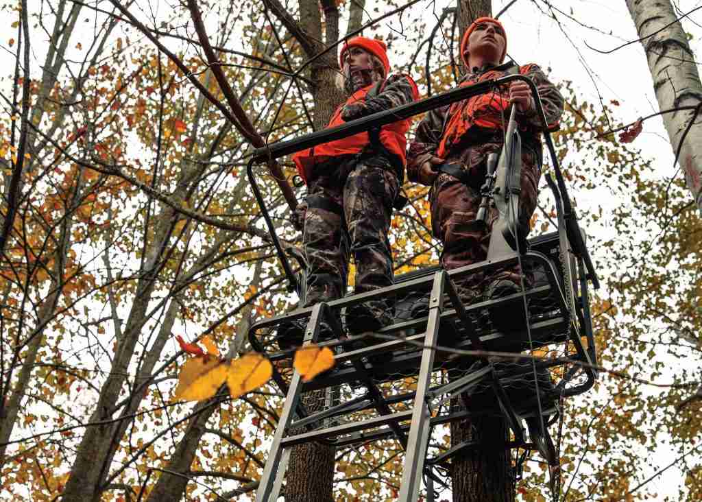 Two hunters wearing blaze orange up in a ladder tree stand surrounded by forest trees