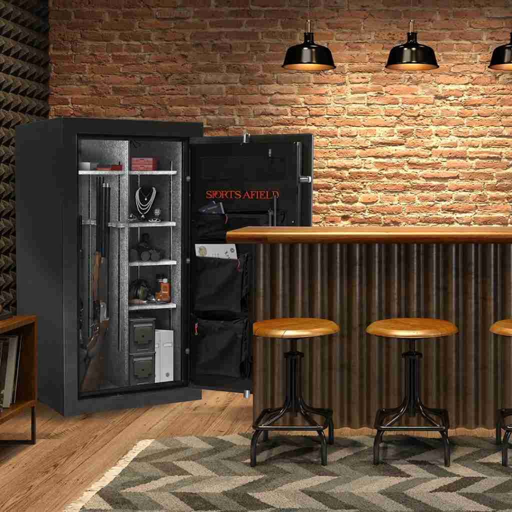 Sports Afield gun safe inside luxurious den.