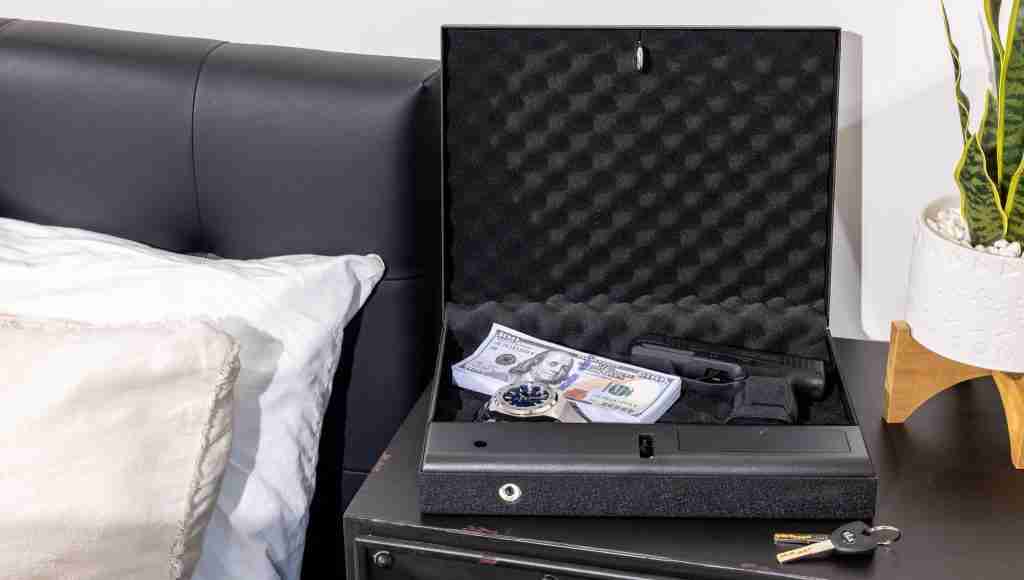 Quicktouch small portable gunsafe with cash, a small hand gun, and a watch inside of it, inside of a hotel room.