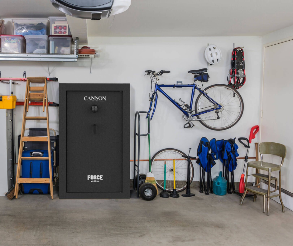 Large Cannon gun safe in a neatly organized basement or garage 