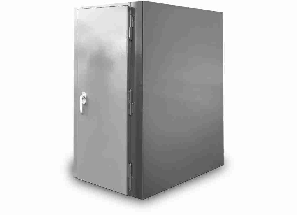 A gray Survive-A-Storm Extreme Above-Ground Storm Shelter with its door closed
